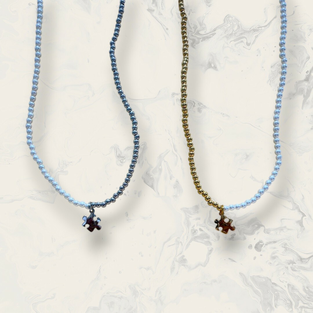 韓國直送項鍊 珍珠+金珠珠串吊拼圖 鍍14K 2色