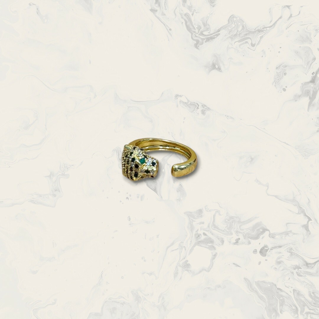 韓國直送戒指 可調式 立體滿黑鋯綠眼鋯豹頭 黃銅鍍14K