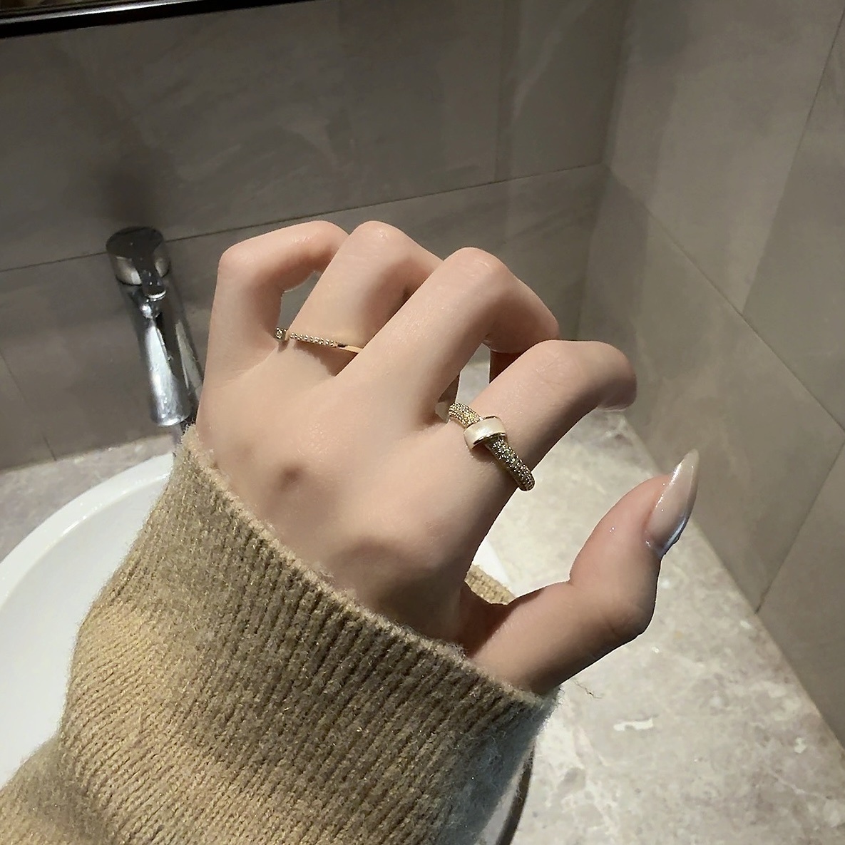 Gy 14k高級金絲鑽’神仙白玉貝環開口戒