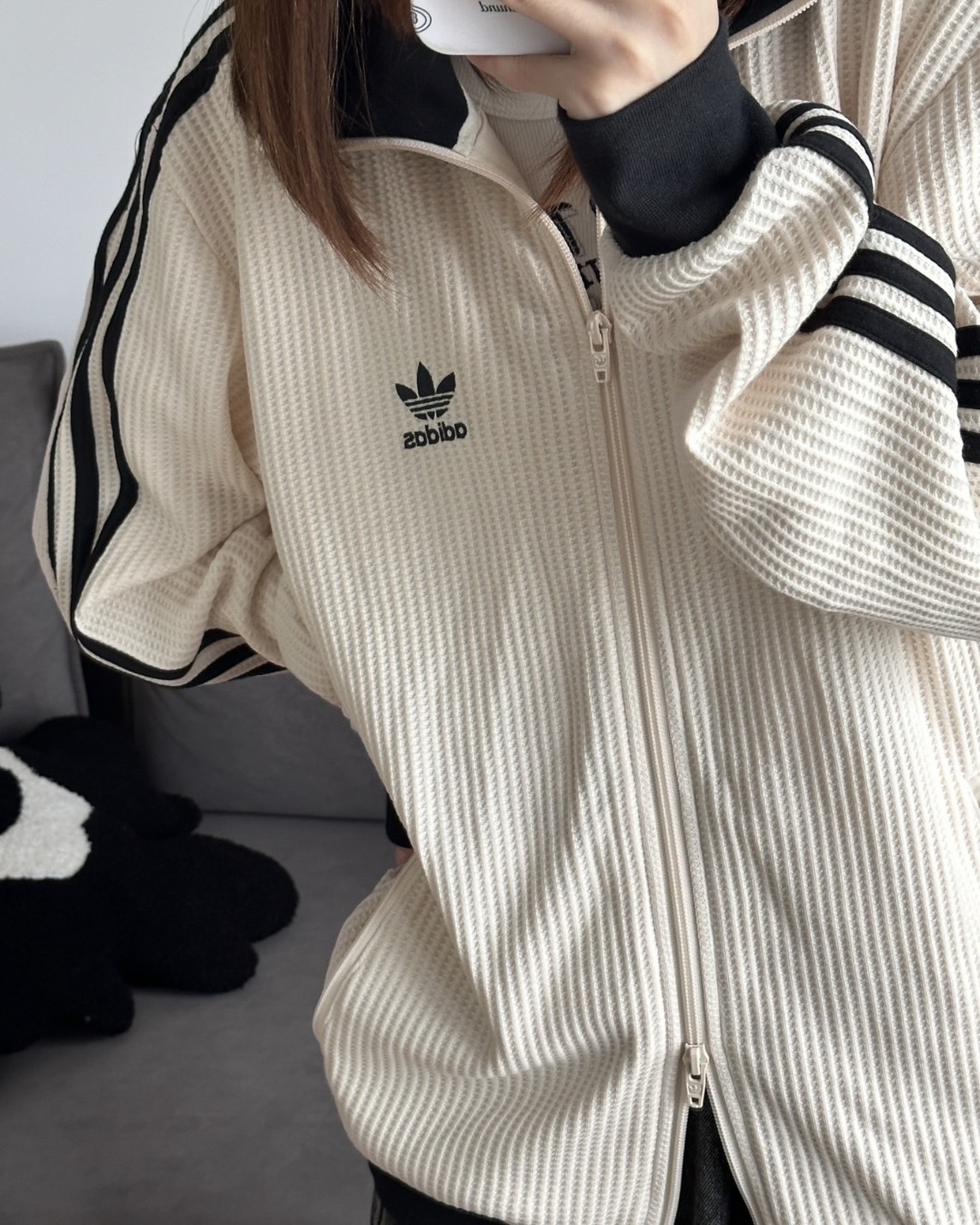 <明星同款>adidas originals WAFFLE BBTT 條紋 華夫格 復古立領 外套