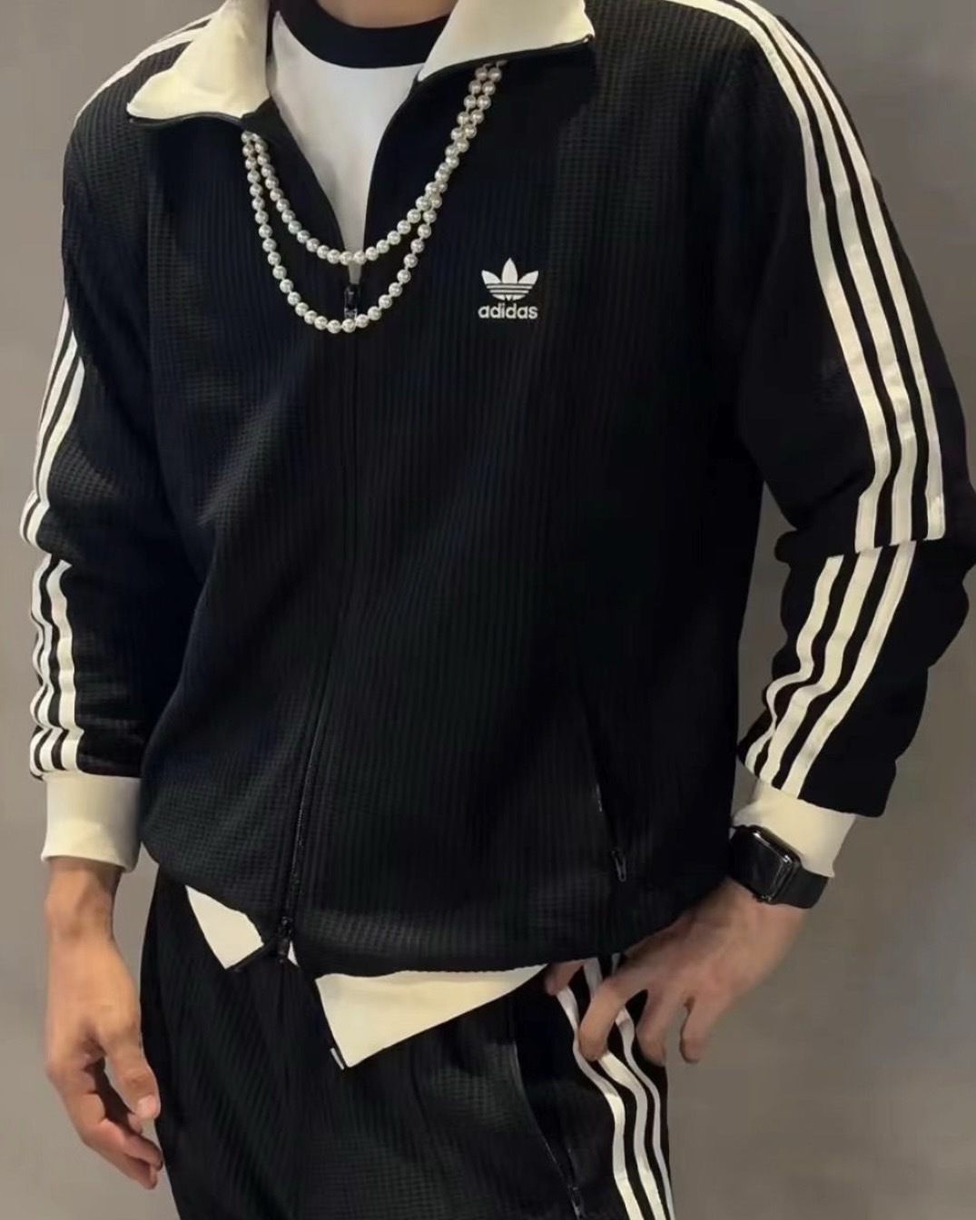 <明星同款>adidas originals WAFFLE BBTT 條紋 華夫格 復古立領 外套