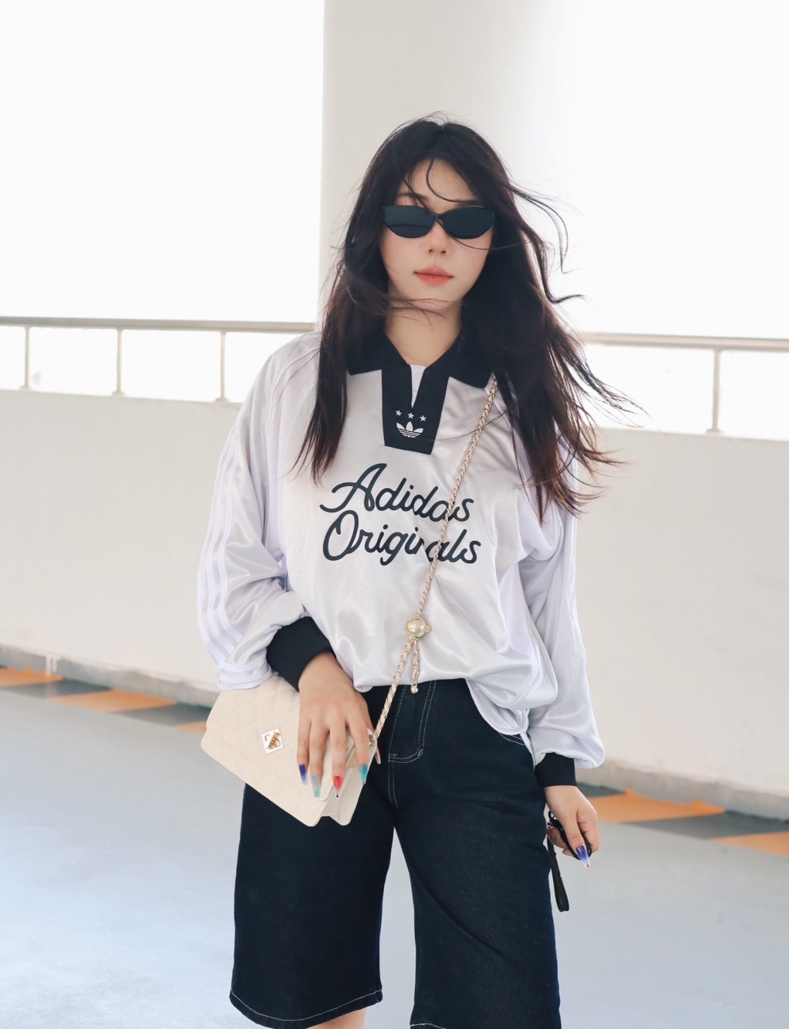 adidas Originals 條紋翻領字母寬鬆長袖Polo衫 女款 暗銀金屬色