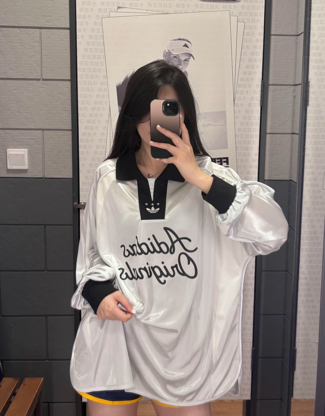 adidas Originals 條紋翻領字母寬鬆長袖Polo衫 女款 暗銀金屬色