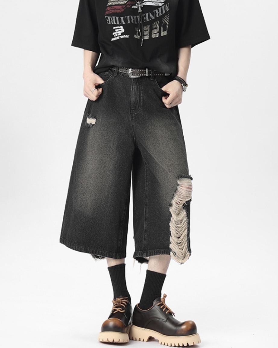 IVORY 寬鬆 水洗 破壞 七分褲 牛仔 短褲