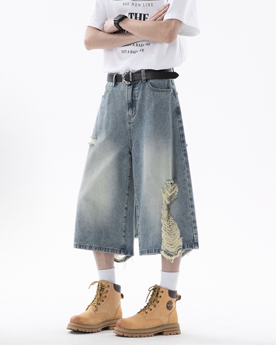 IVORY 寬鬆 水洗 破壞 七分褲 牛仔 短褲