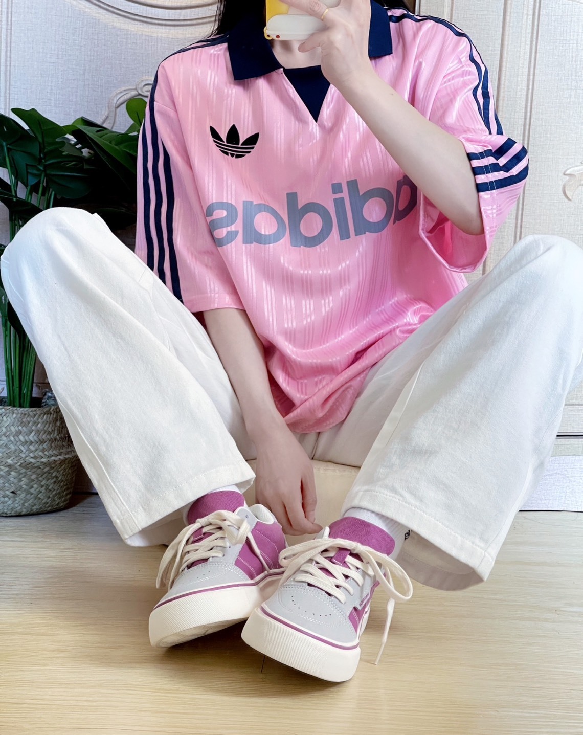 adidas Originals Logo撞色條紋寬鬆多巴胺短袖T恤 男款 粉色