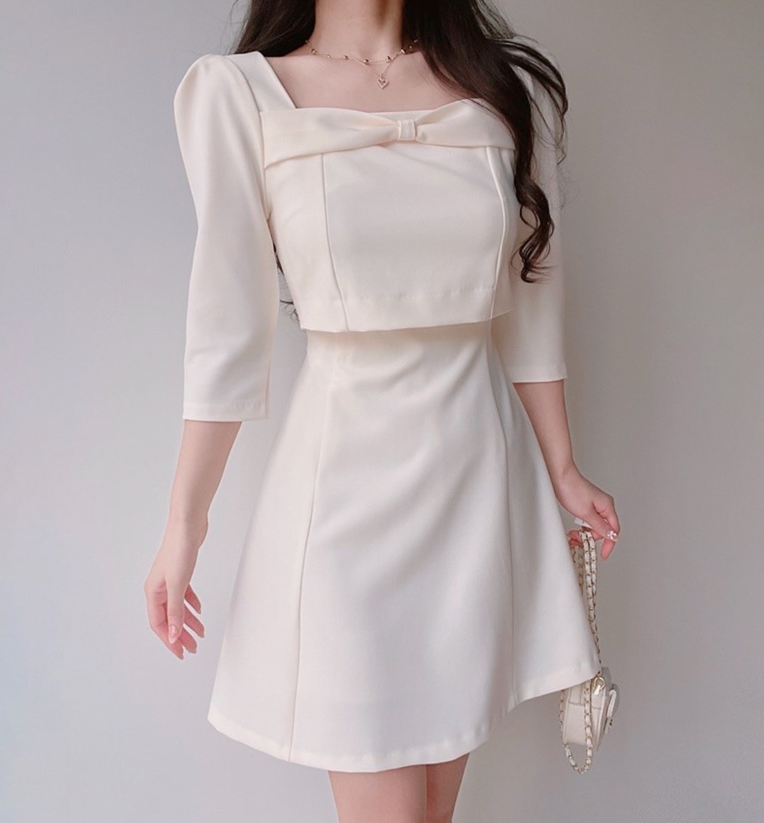 [現貨] Bethany 蝴蝶結方領洋裝-長袖短版 [2色 / M ]