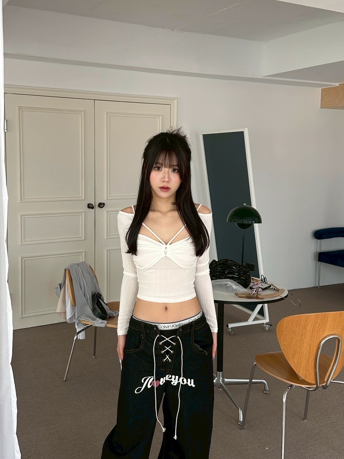 交叉抽繩綁帶抓皺小露背上衣 2colors