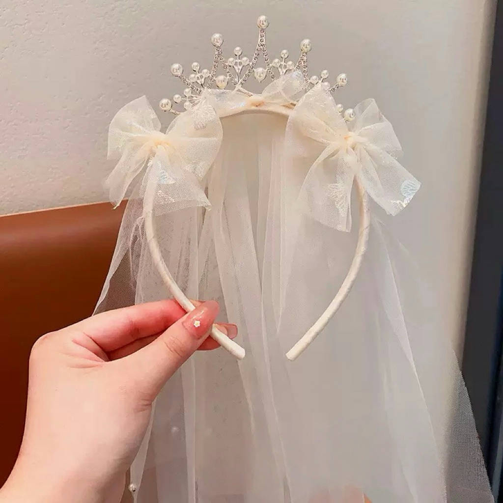 BYB04HA072BE    米色珍珠皇冠紗紗頭箍