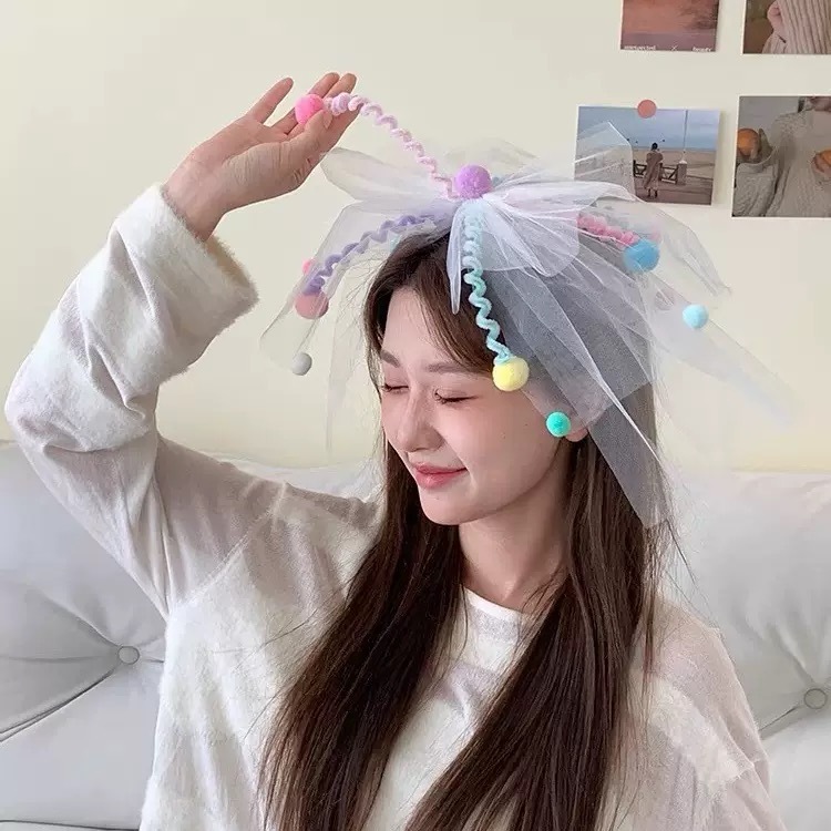 BYB04HA075AC   彩色波波大蝴蝶結紗紗髮夾