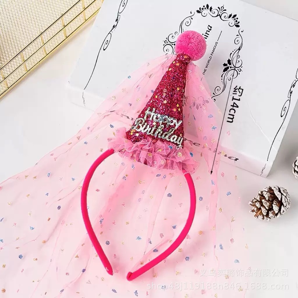 BYB04HA076RD  桃紅色生日帽彩點紗紗頭箍