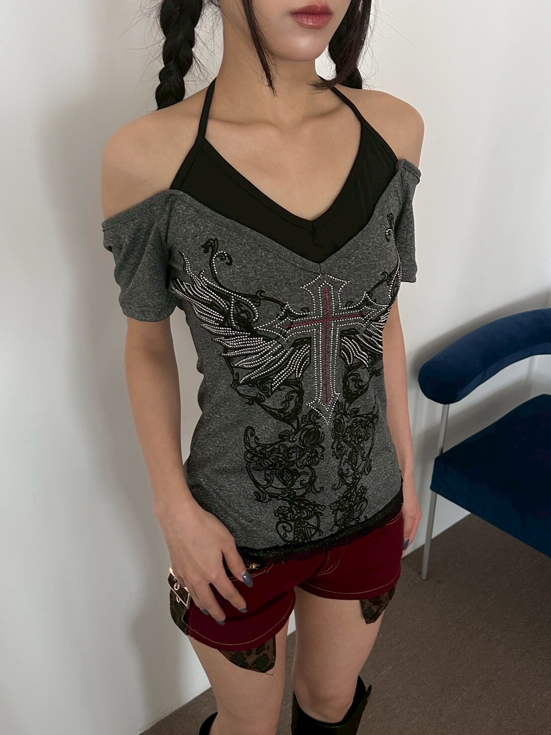 澀谷街頭 十字燙鑽拼接假兩件上衣