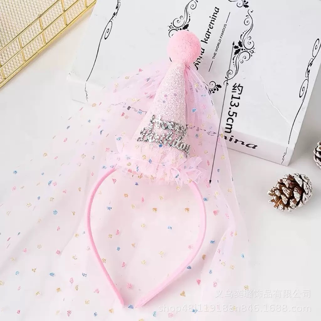 BYB04HA077PK  粉色生日帽彩點紗紗頭箍