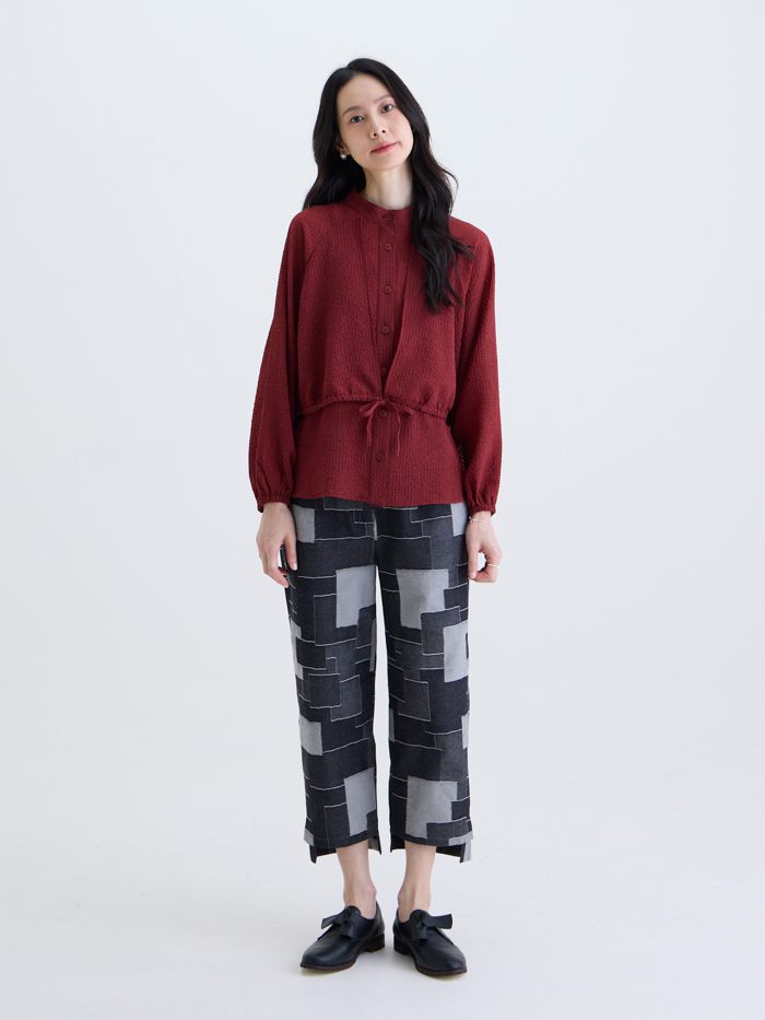 美子雙層開襟抽繩長袖外套-桑紅