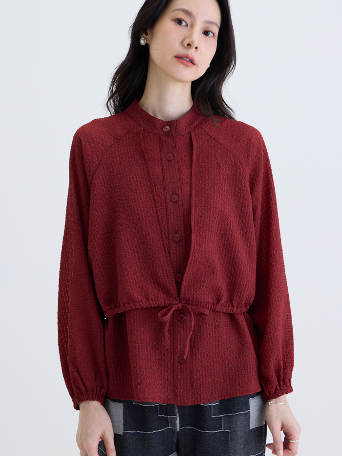 美子雙層開襟抽繩長袖外套-桑紅