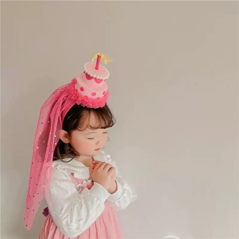 BYB04HA082PK 韓風雙層蛋糕可愛生日帽紗紗頭箍