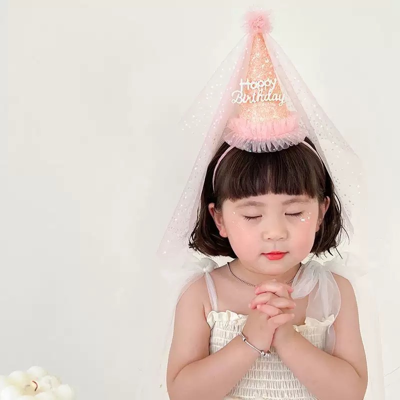 BYB04HA083PK 粉色閃閃公主派對生日帽紗紗頭箍