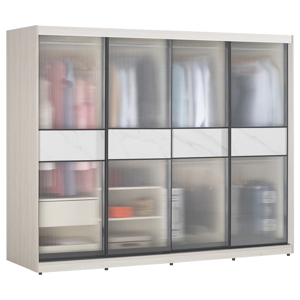 柏倫8尺長虹玻璃推門/拉門衣櫃(六吊桿+一抽+三格-黑色鋁框)