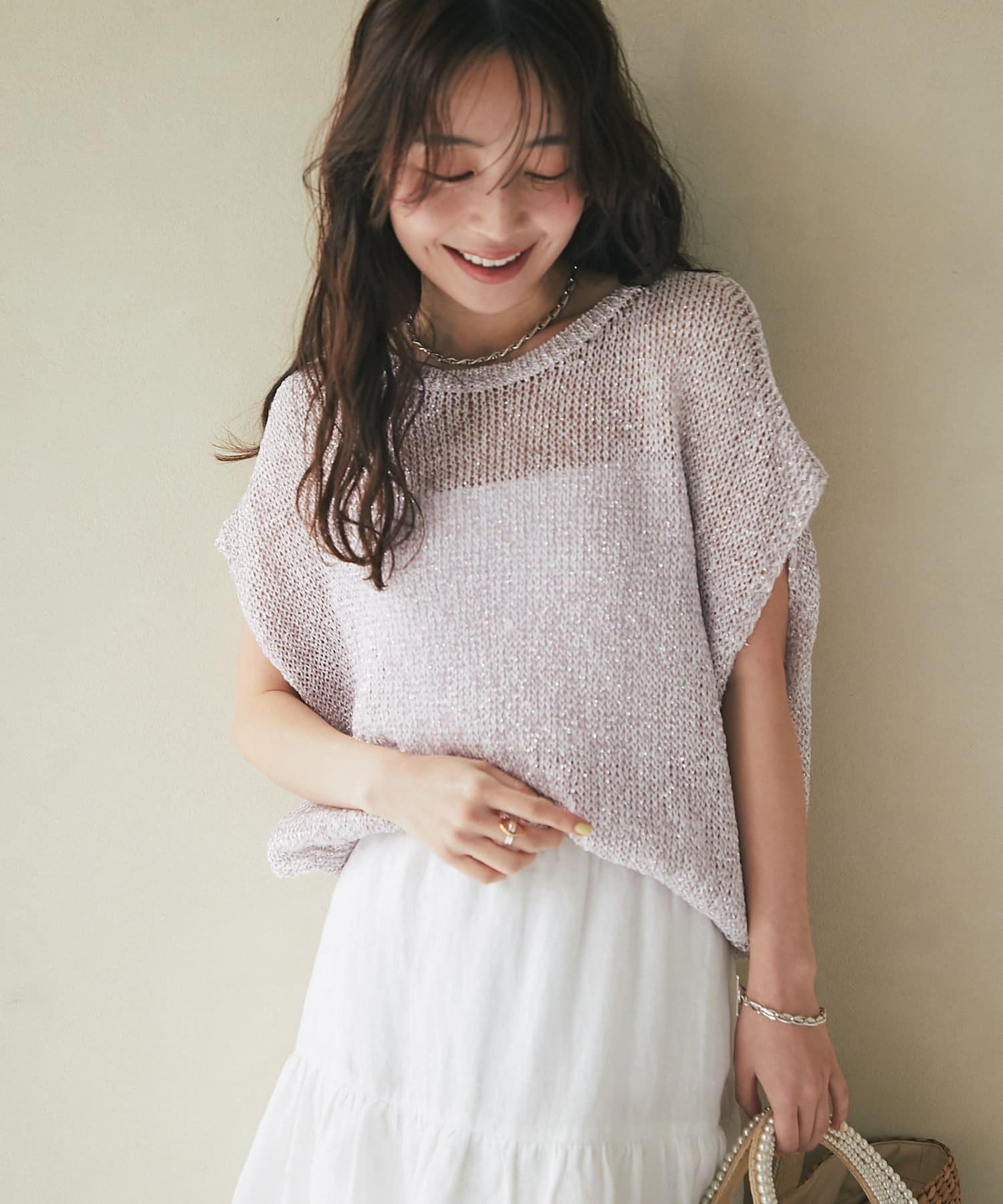 La boutique BonBon(ラブティックボンボン)  【お上品きらきら】ラメ天竺針抜きフレンチニット粉（LBZ1051405A0008）