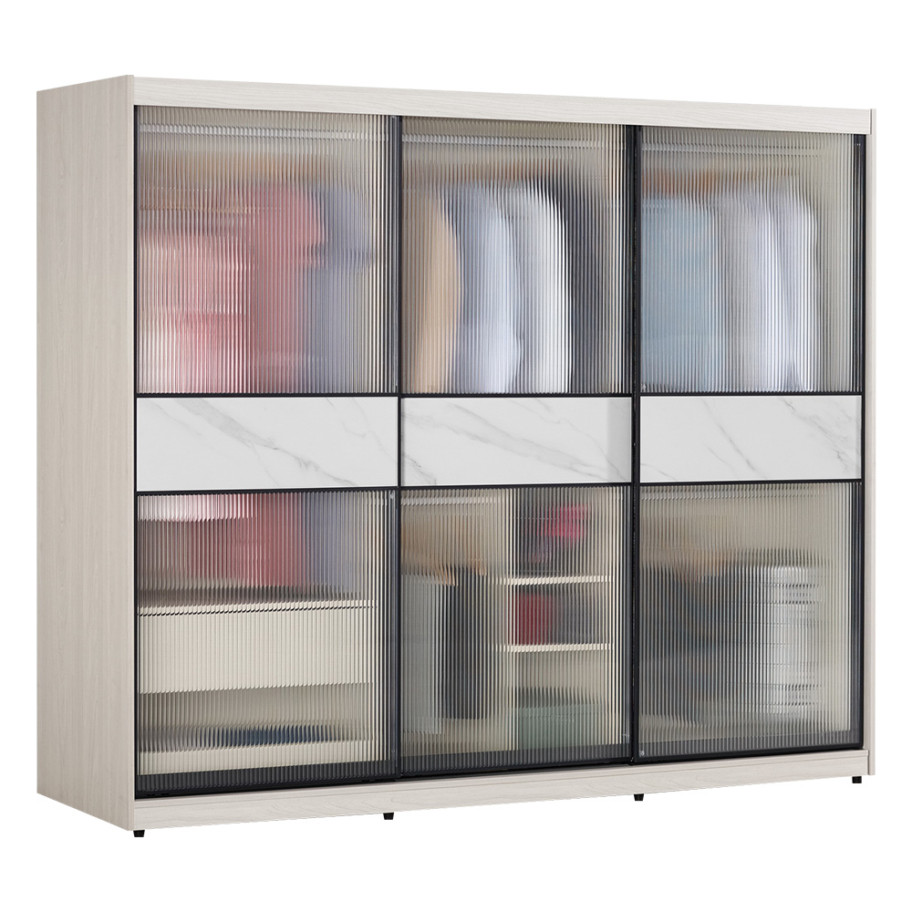 柏倫7.5尺長虹玻璃推門/拉門衣櫃(五吊桿+一抽+三格-黑色鋁框)