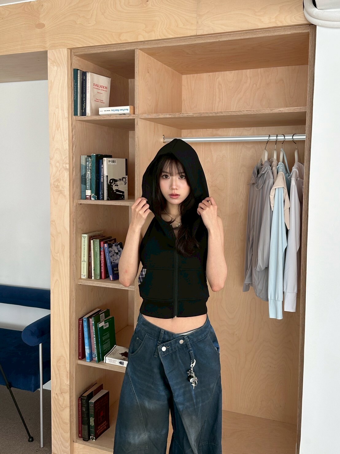 藍色格紋拼接連帽拉鍊背心