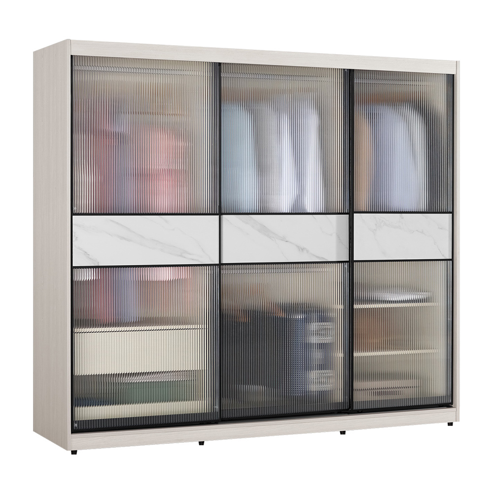 柏倫7尺長虹玻璃推門/拉門衣櫃(四吊桿+一抽+三格-黑色鋁框)