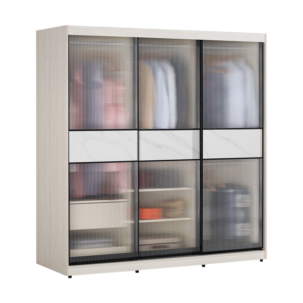 柏倫6尺長虹玻璃推門/拉門衣櫃(四吊桿+一抽+三格-黑色鋁框)