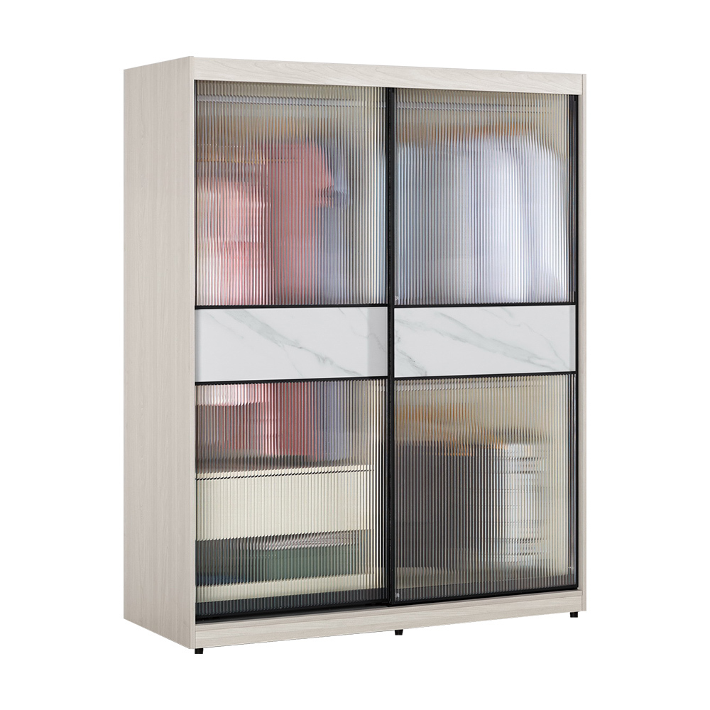 柏倫5尺長虹玻璃推門/拉門衣櫃(三吊桿+一抽-黑色鋁框)