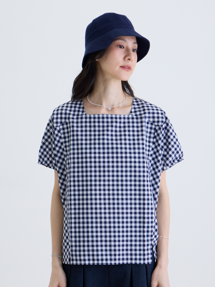 小松格子派對方領上衣-藍白格