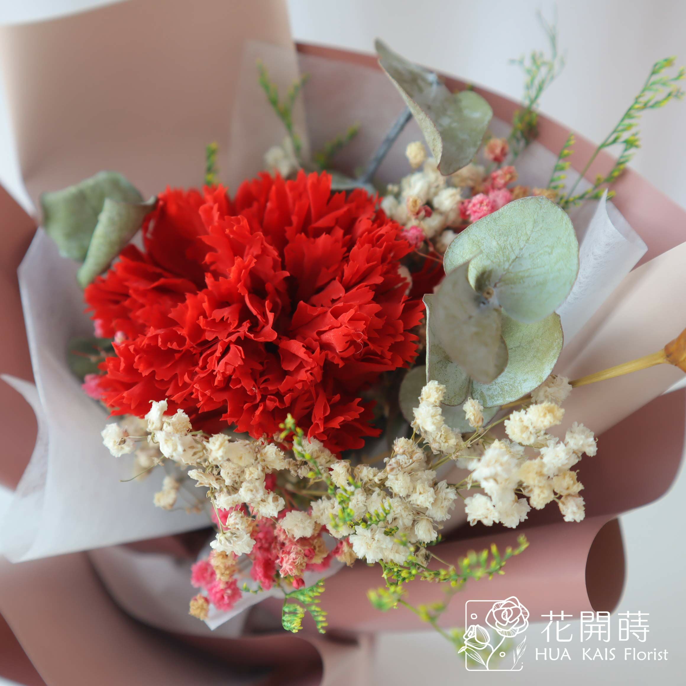 永生玫瑰花束|紅色康乃馨單支花束S|單枝花束|永生花|母親節花束|小花束