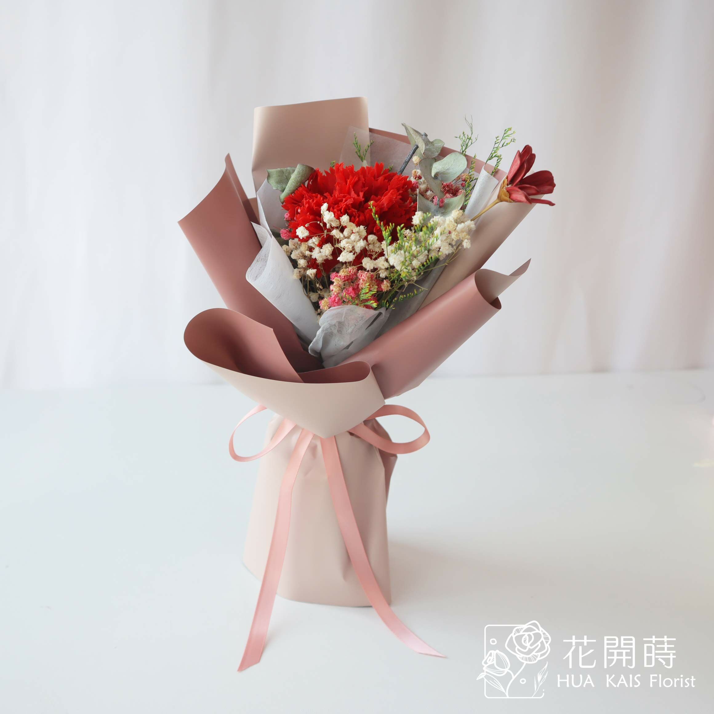 永生玫瑰花束|紅色康乃馨單支花束S|單枝花束|永生花|母親節花束|小花束