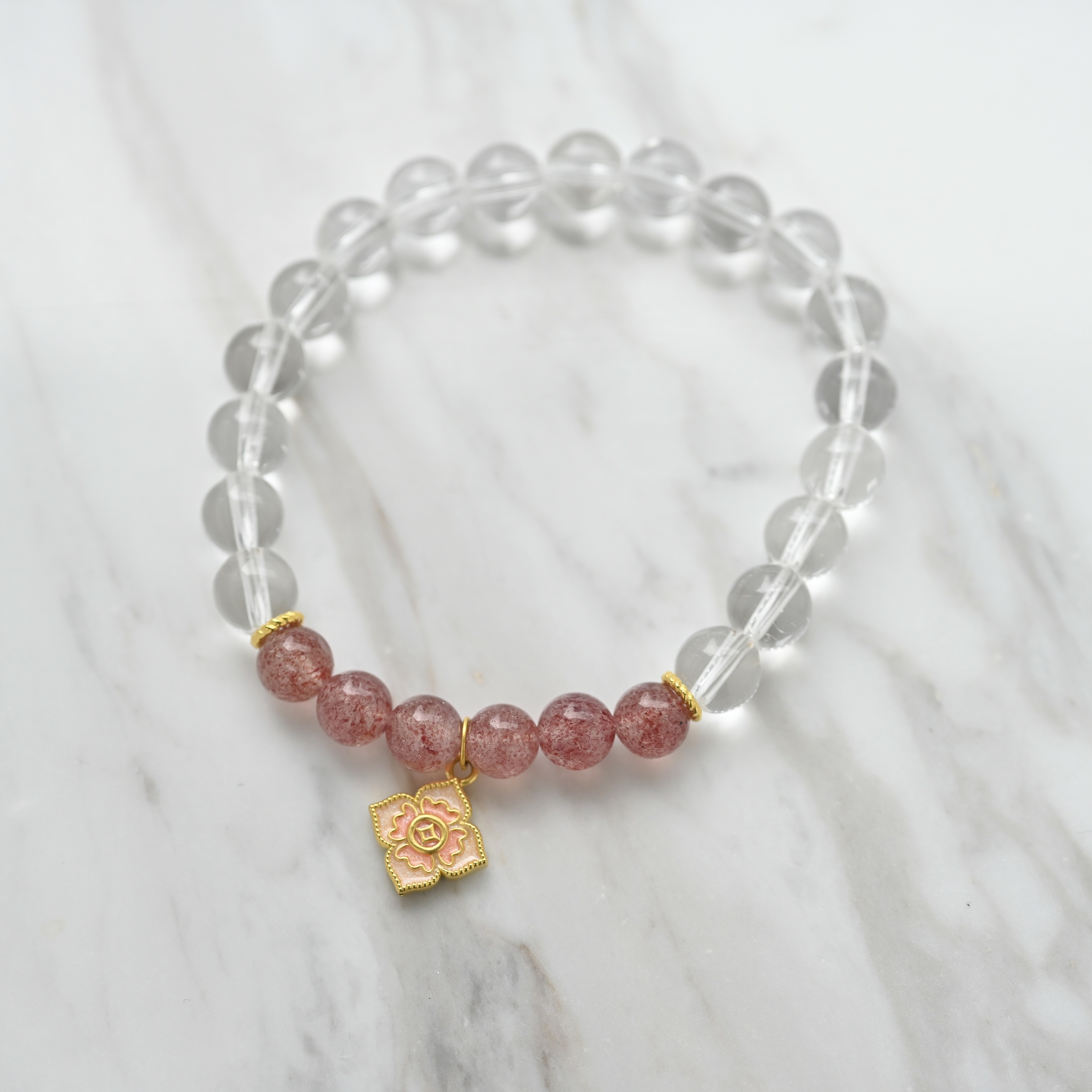 999 Gold Clear Quartz & Strawberry Quartz Bracelet