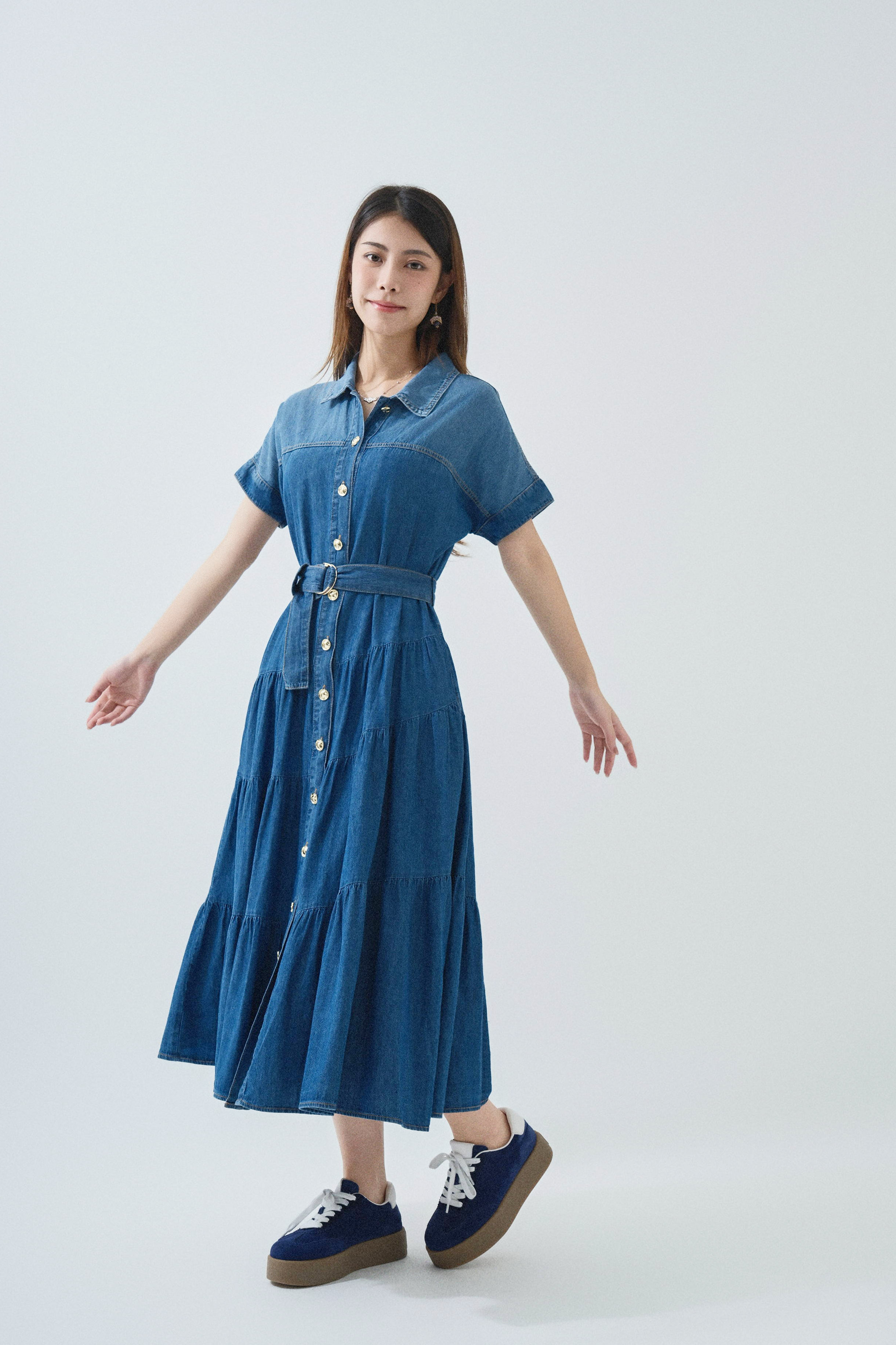 薄牛仔蛋糕腳連身長裙 (現貨款式）