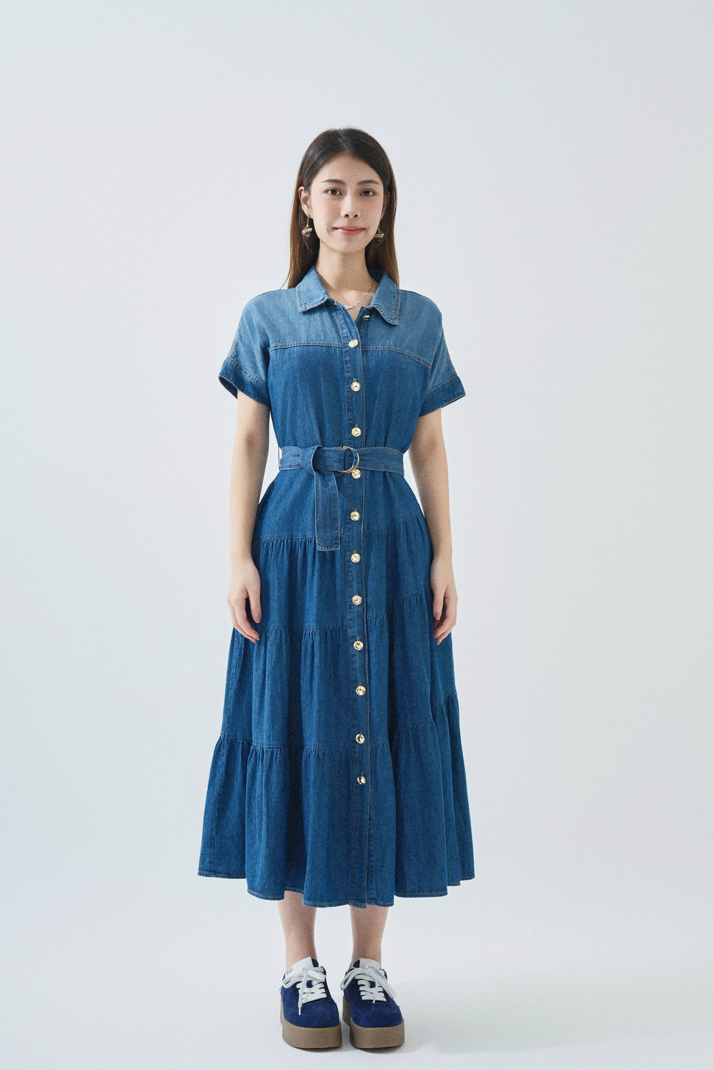 薄牛仔蛋糕腳連身長裙 (現貨款式）