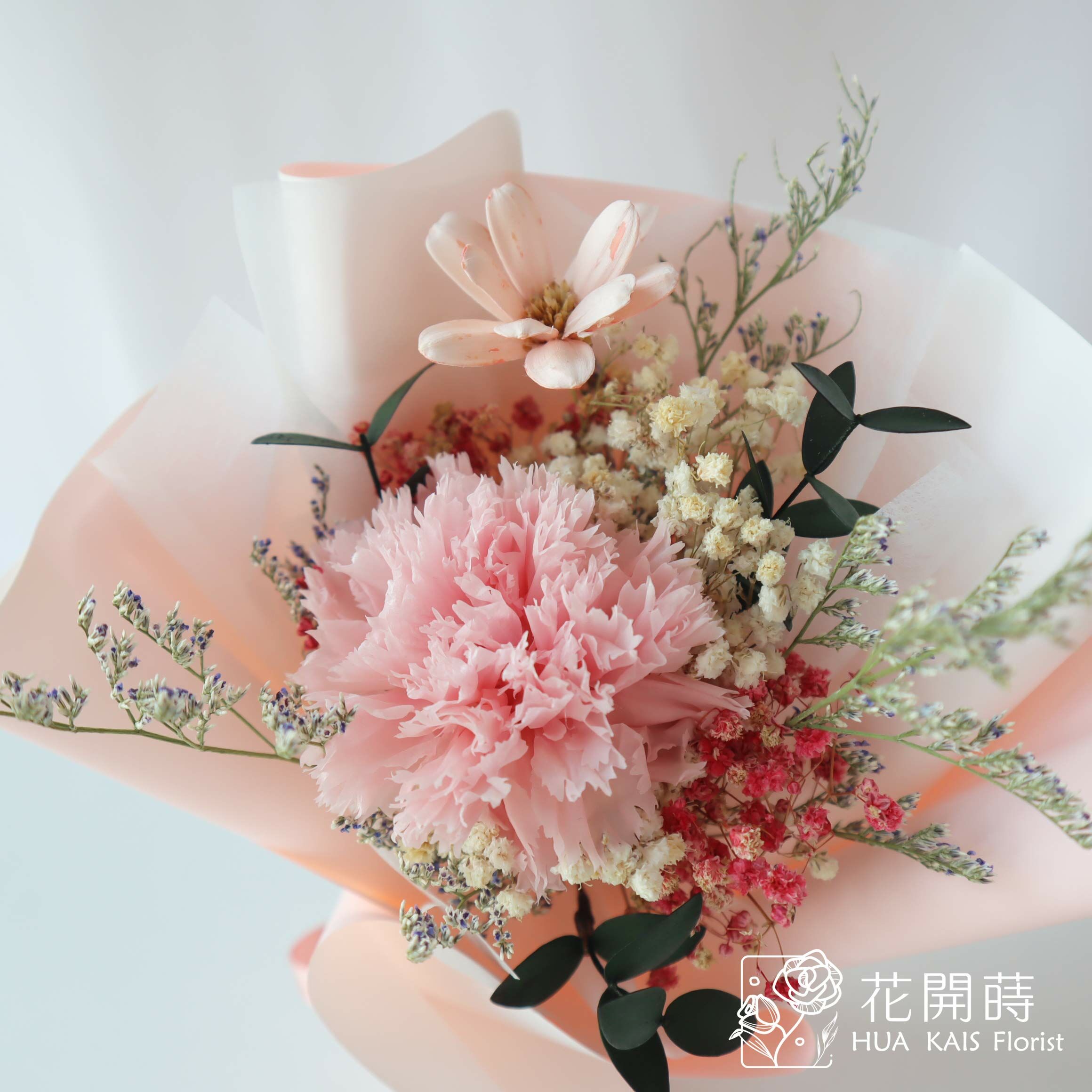 永生玫瑰花束|粉色康乃馨單支花束S|單枝花束|永生花|母親節花束|小花束