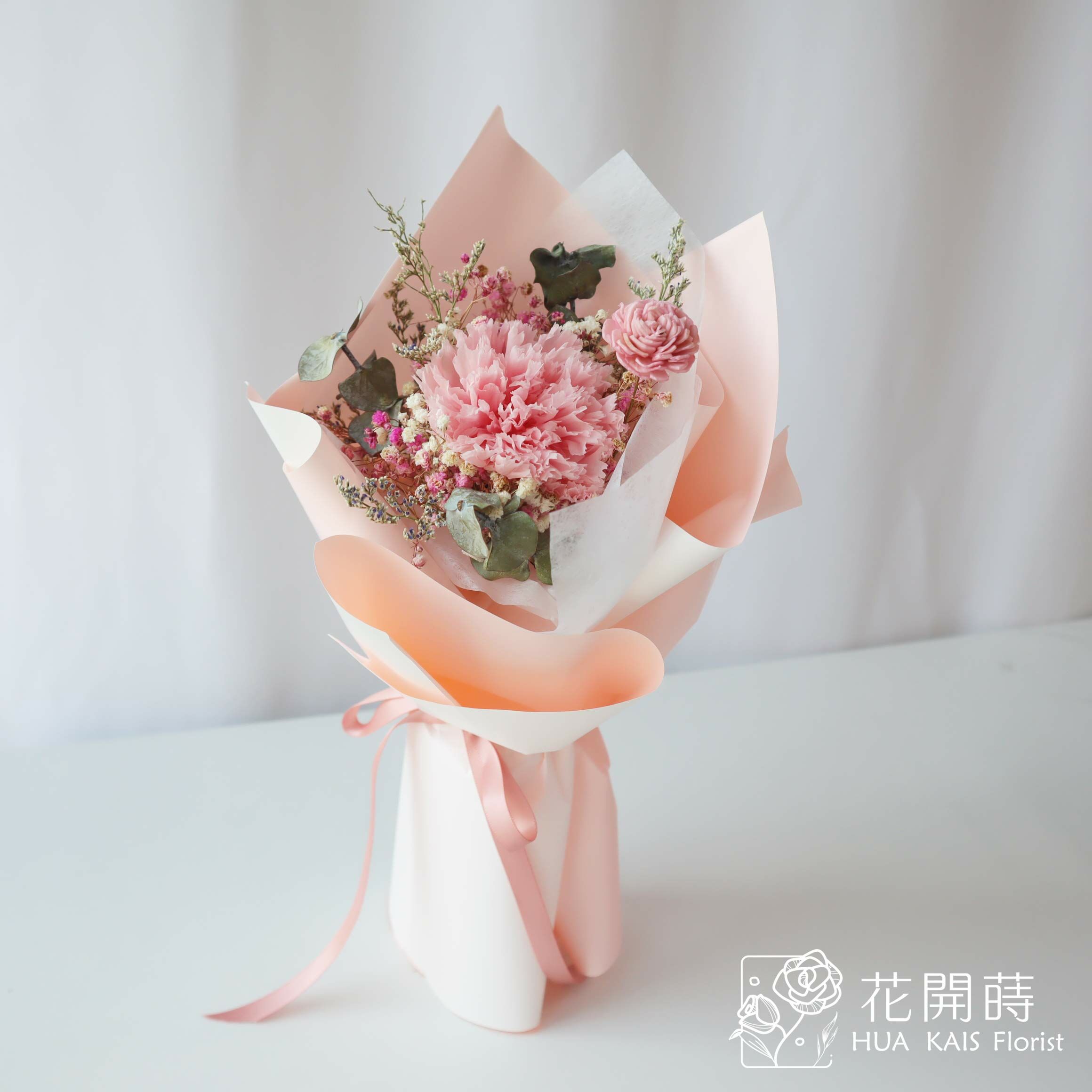 永生玫瑰花束|粉白色康乃馨單支花束S|單枝花束|永生花|母親節花束|小花束