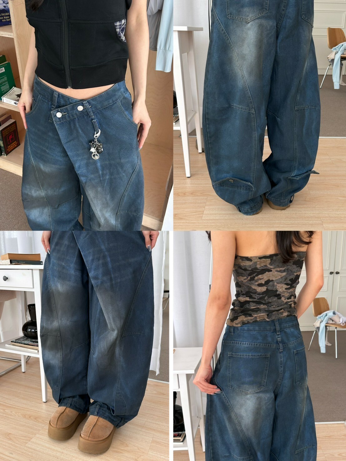 想帥就往闊的穿🆘 反轉褲頭 做舊髒染彎刀牛仔褲