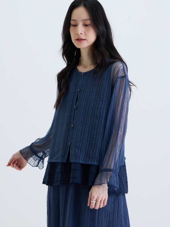 光影蕾絲開襟襯衫-藏青