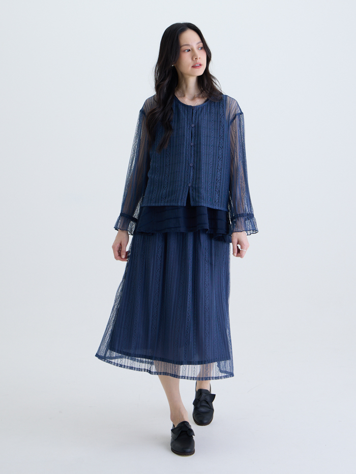 光影蕾絲開襟襯衫-藏青