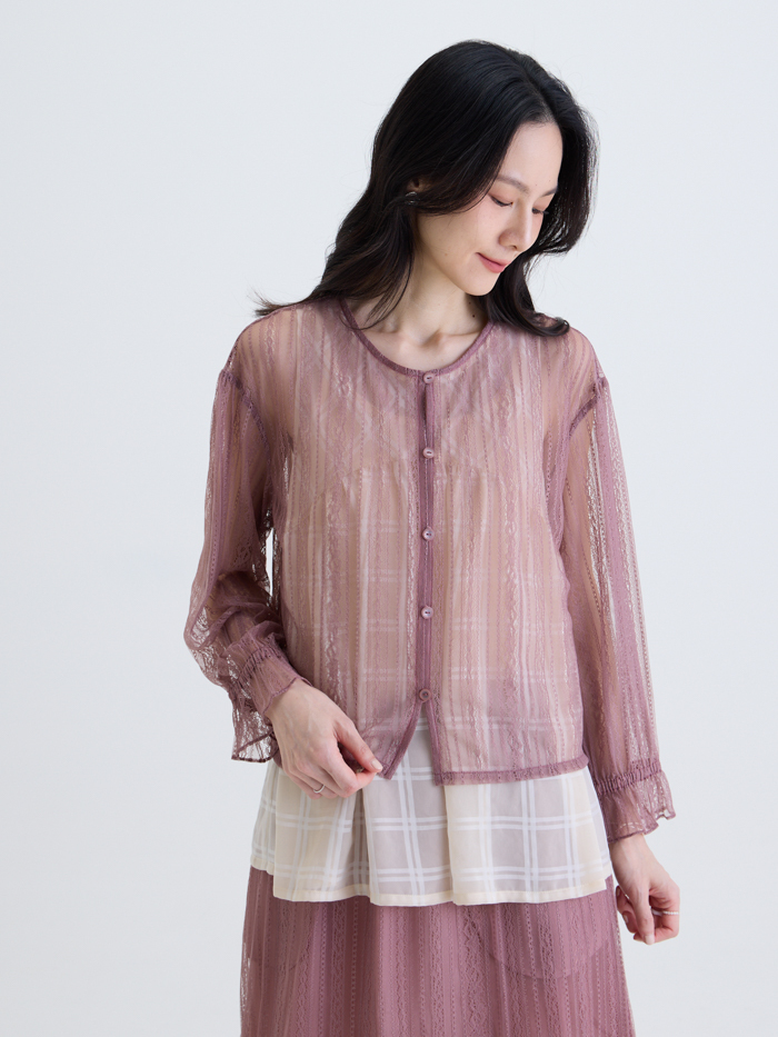 光影蕾絲開襟襯衫-藕粉