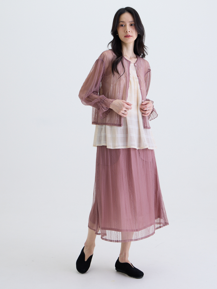 光影蕾絲開襟襯衫-藕粉