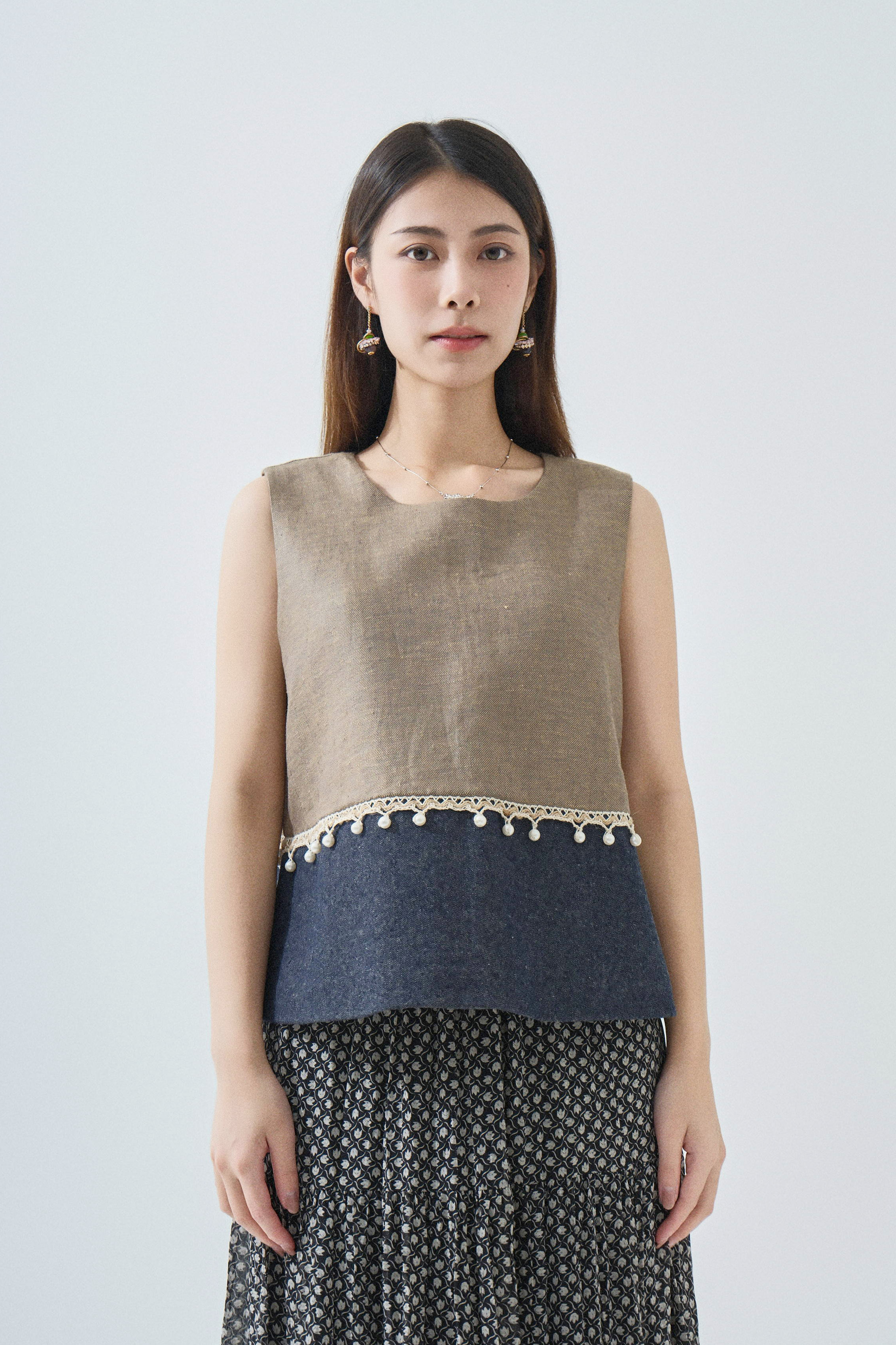 珠珠民族花邊拼色背心 (*現貨款式）