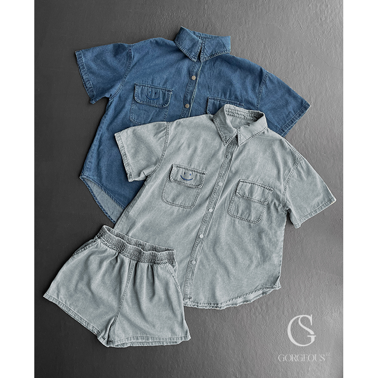 A186 「smile壓釦牛仔外套+口袋短褲」