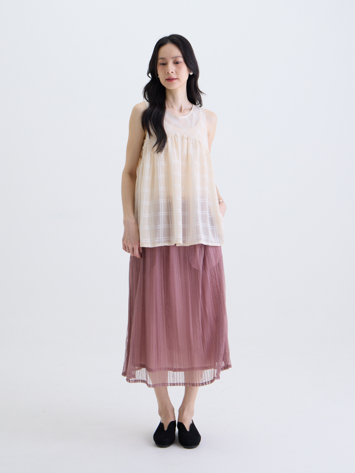 光影蕾絲雙層裙-藕粉