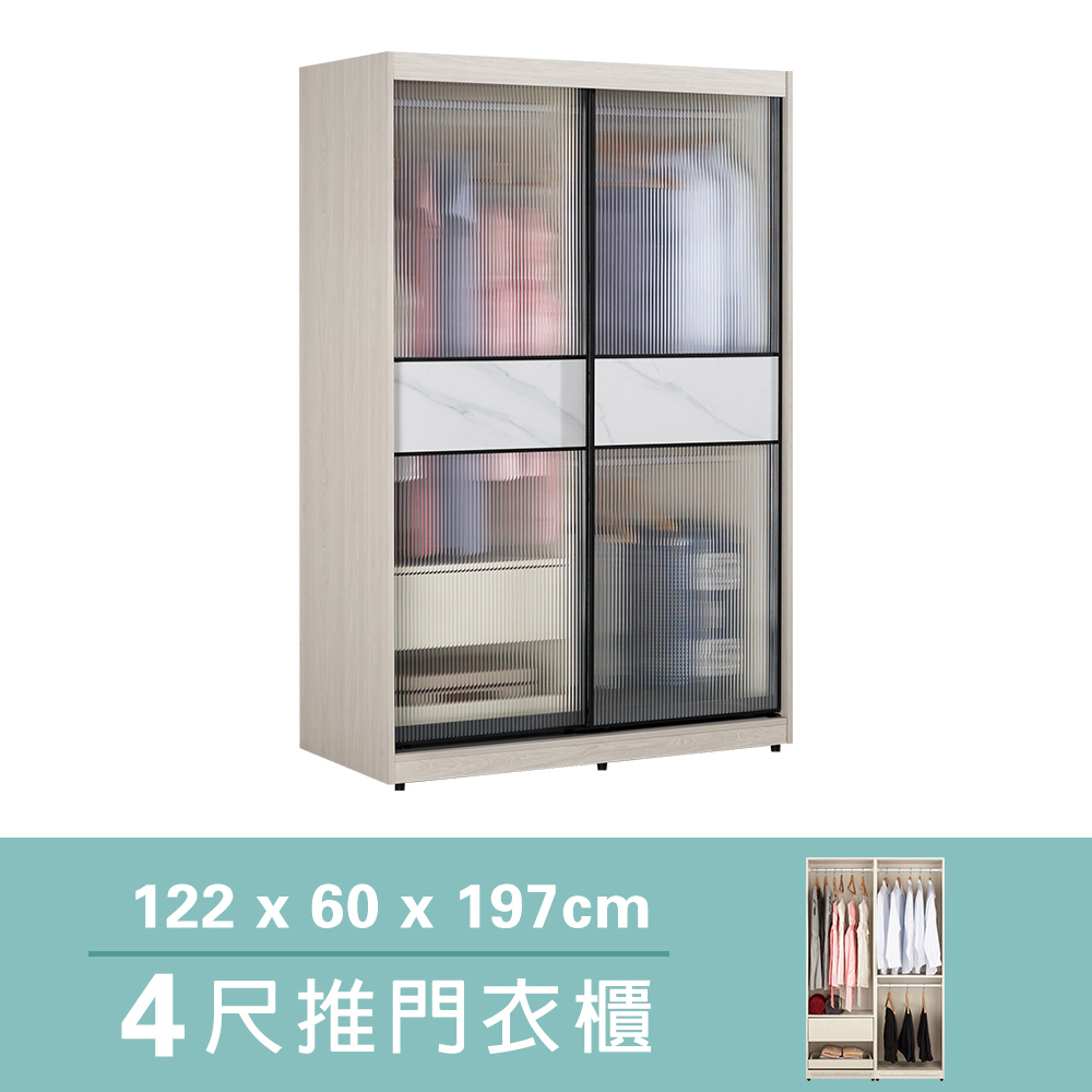 柏倫4尺長虹玻璃推門/拉門衣櫃(三吊桿+一抽-黑色鋁框)