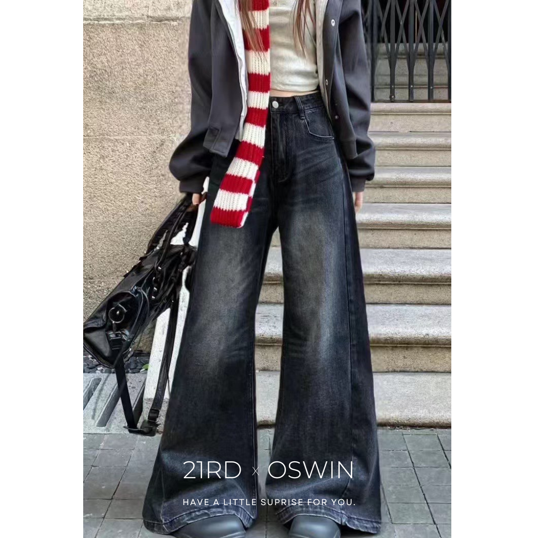 刷舊水洗顯瘦闊腿褲