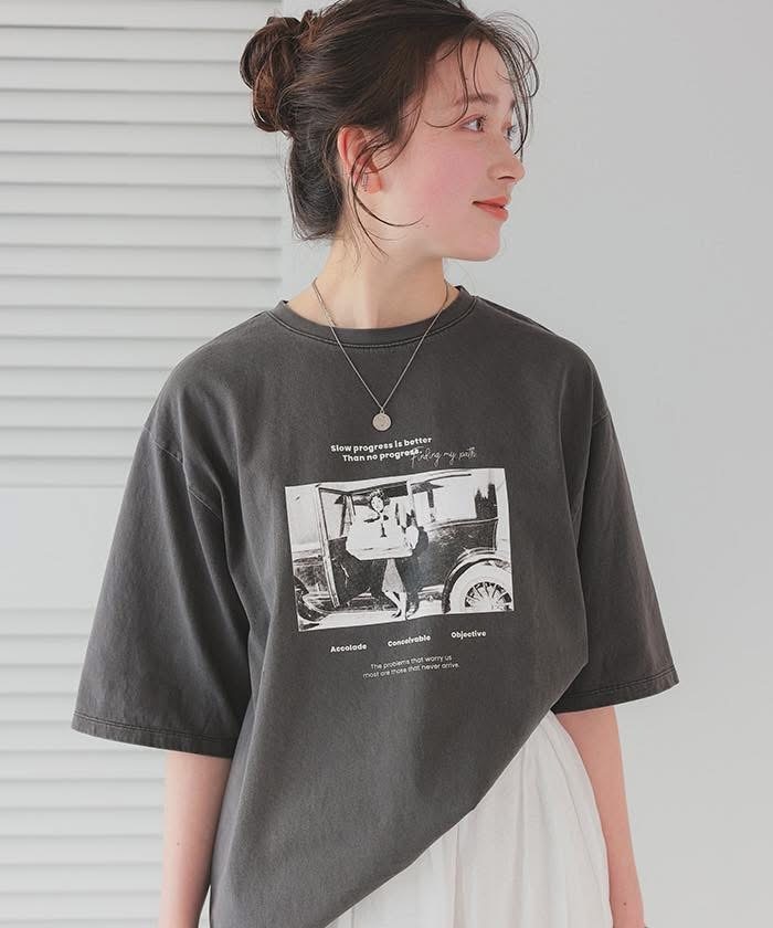 titivate オーバーサイズピグメントフォトプリントTシャツ炭灰M（AFXT0299）