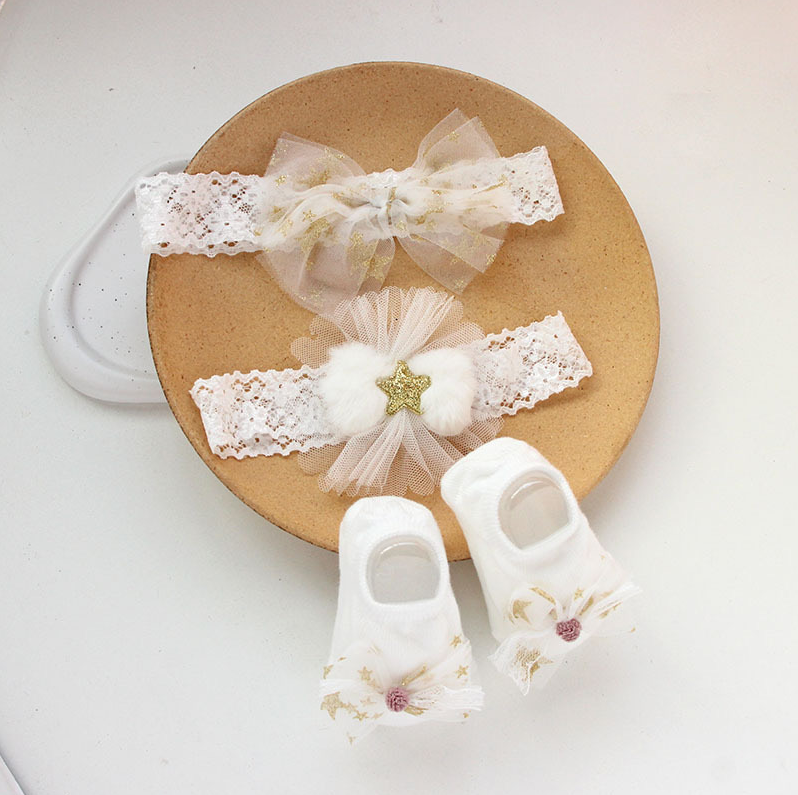 BYB04HA092WE  白色閃閃星髮帶連襪仔Set