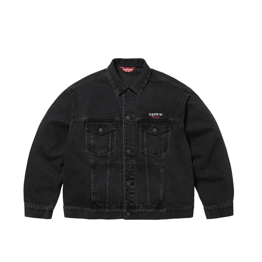 -(B4c01)-SUPREME DENIM TRUCKER JACKET 單寧 夾克 外套 刺繡字體 黑色／潑墨-SS25J88
