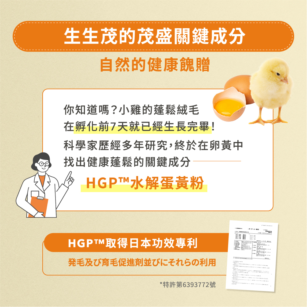 雲飛選擇生生茂,在卵黃中找出健康蓬鬆的關鍵成分HGP™水解蛋黃粉。HGP™生生茂取得日本功效專利【発毛及び育毛促進剤並びにそれらの利用】